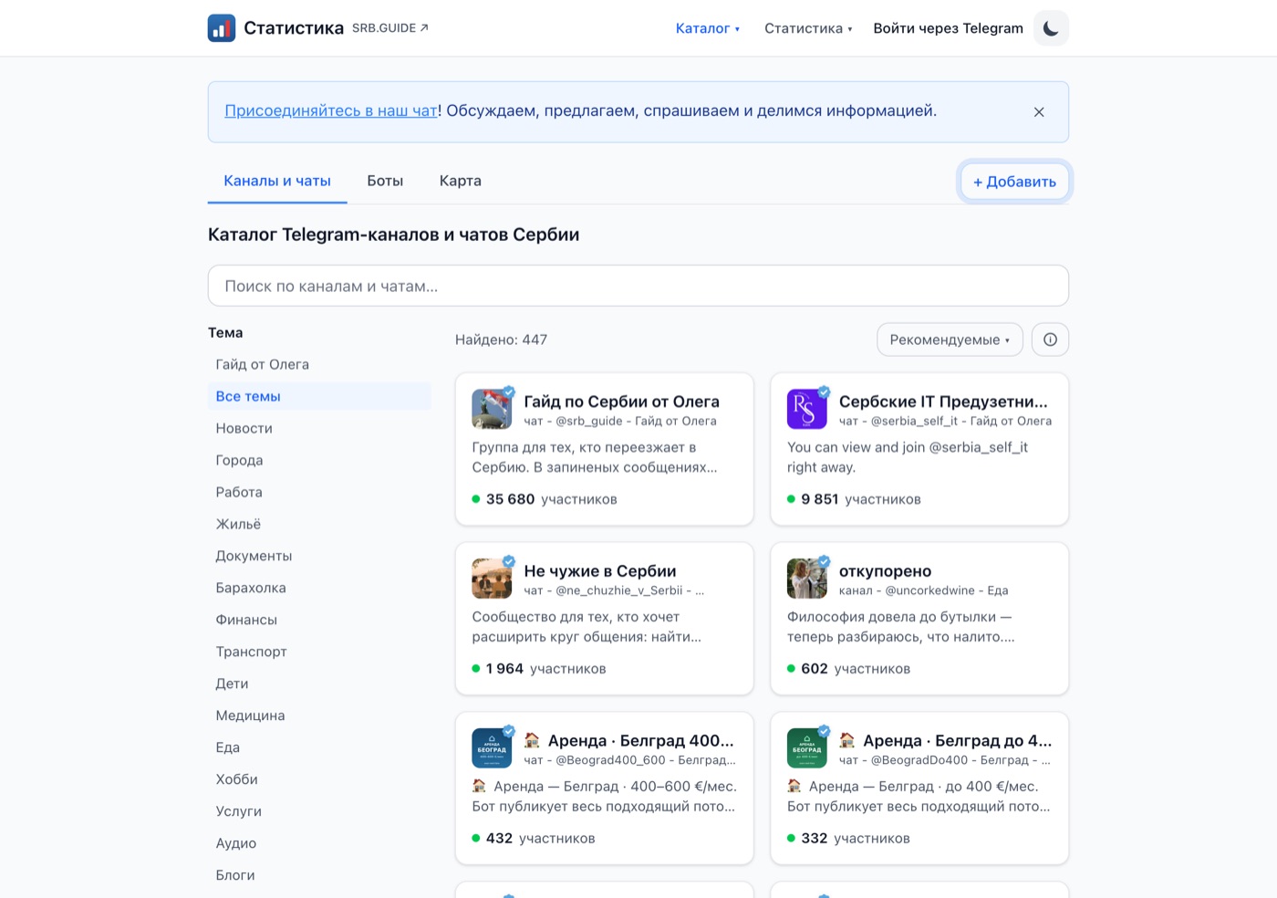 Каталог Telegram-каналов и чатов Сербии на stats.srb.guide: найдено 447